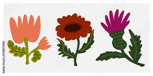 Flower in naive style, hand drawn illustration. Retro style careless element