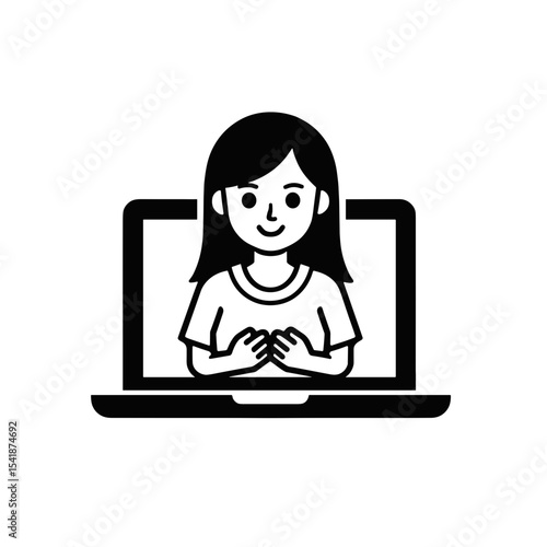 Young woman on laptop, smiling, video call, for websites