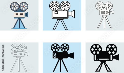 Six Stylized Vintage Movie Camera Illustrations in Different Color Schemes and Styles