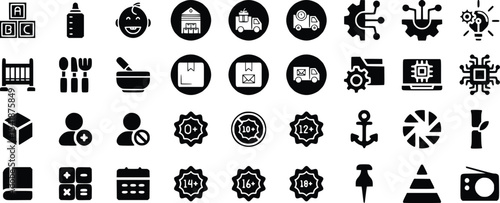 Black Glyph Icons Set Baby Delivery Technology Age Ratings
