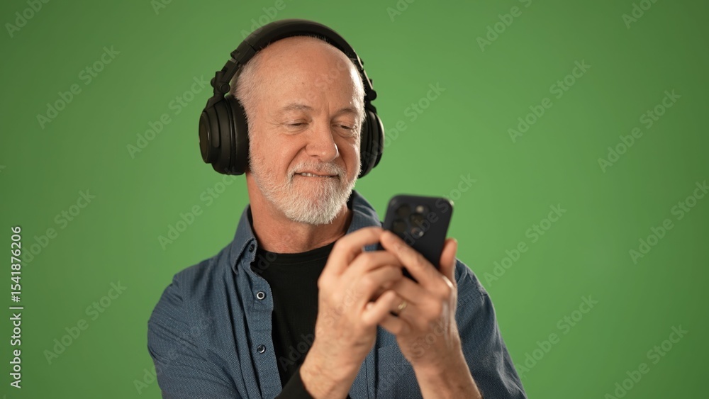 A senior man happily interacts with his smartphone while wearing large headphones. The solid green background highlights his cheerful expression and focus on music. A senior man happily interacts with his smartphone while wearing large headphones. The solid green background highlights his cheerful expression and focus on music.