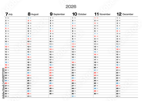 2026年の半年カレンダー7月～12月メモ書き込みが可能