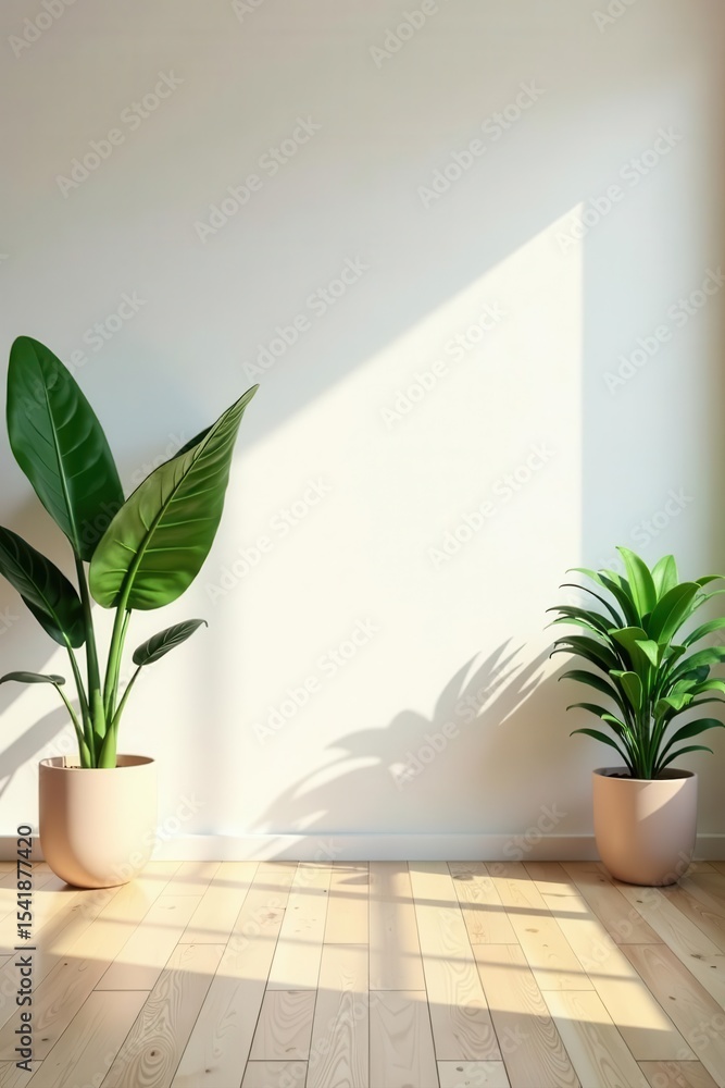 Fototapeta premium Bright minimalist living space, plants, wood floor, white backdrop , green, background