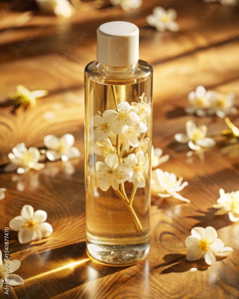 Floating jasmine flowers in a transparent toner bottle a refreshing beauty event in a serene spa environment. Floating jasmine flowers in a transparent toner bottle a refreshing beauty event in a serene spa environment.