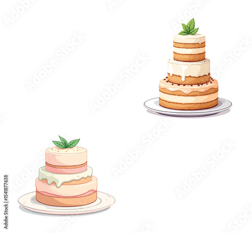 Vsai delicious layered cakes decorated with mint leaves resting on elegant plates