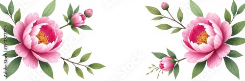 Delicate pink peony blossoms, branches, and leaves arranged in a floral pattern on white , flat lay, petals, wedding