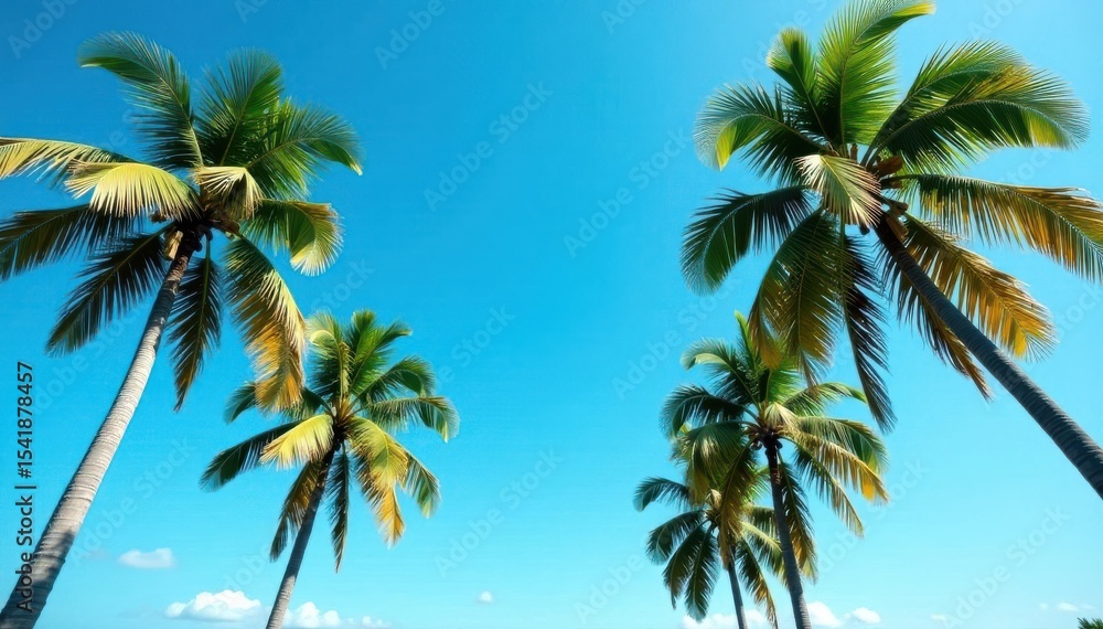 Obraz premium Lush palm trees ascend against a vibrant, cloudless blue sky , bottom, palm tree leaves