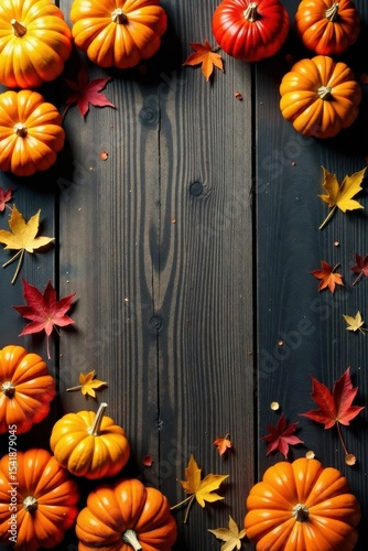 Scattered pumpkins of various sizes, fall foliage, on aged wood surface Warm autumn lighting , nature, background, autumn