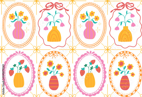 Colorful floral seamless pattern. Vintage flat style flower frame background design. Geometric abstract wallpaper print