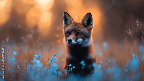 A striking portrait of a fox captured amidst delicate flowers at sunset, emphasizing the enchanting beauty of nature and the allure of wildlife in tranquil settings.