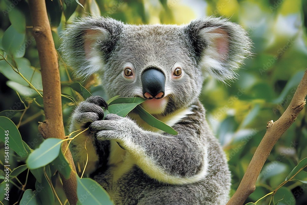 Obraz premium Koala Eating Eucalyptus Leaves a Tree