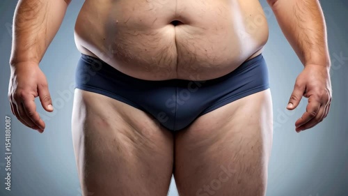 Torso of an overweight man wearing dark underwear stands facing forward with arms extended over gray gradient