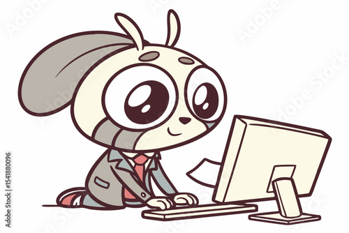 Chibi office character typing on computer in business suit cute vector style
