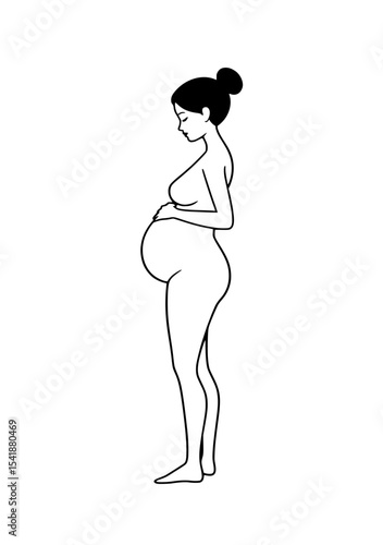 A side view illustration of a pregnant woman gently cradling her belly, depicted in a simple, outline style