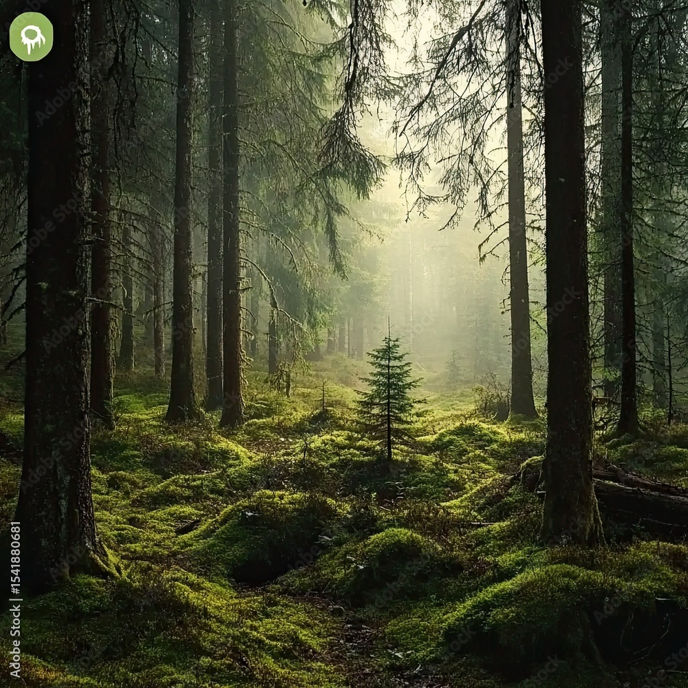 Obraz premium Mysterious forest in thick fog. Trees overgrown with moss. Gloomy autumn woods in the morning. Atmospheric landscape.