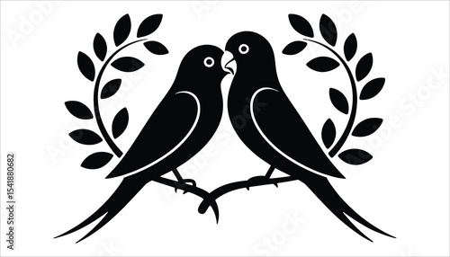 Lovebirds Silhouette with Laurel Leaves Vector Design