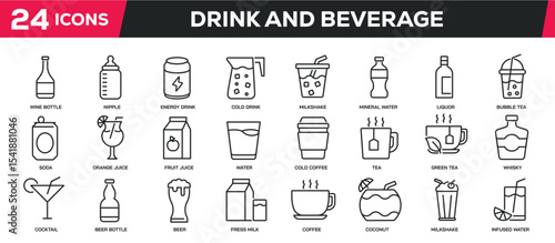 Set of collection line icons related drink, beverage. Editable stroke. Perfect pixel on transparent background