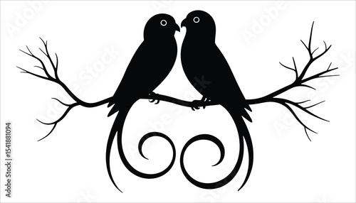 Lovebirds Silhouette on Branch Vector Illustration
