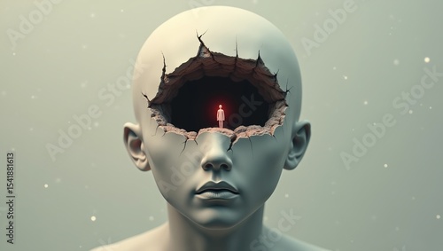 hollow space stands a small solitary figure bathed in faint red light, symbolizing introspection, isolation, or existential though Cracked Head with Illuminated Figure 