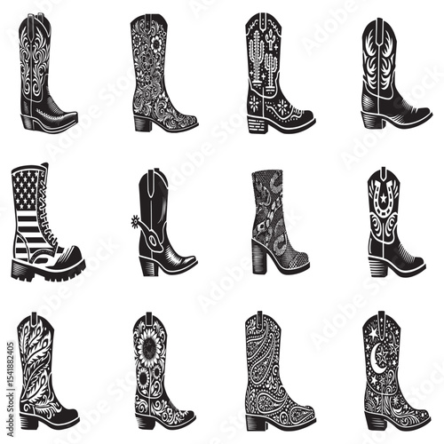 collection of Cowboy boot silhouette clipar, Western hatwear illustration, girly cowgirl boot design sublimation
