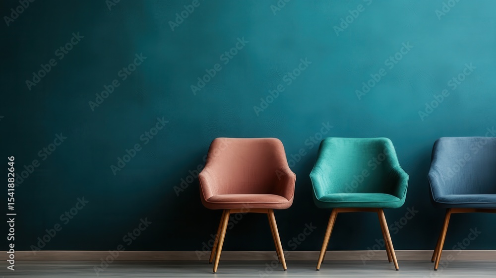 Obraz premium A vibrant display of three colorful chairs set against a stunning turquoise wall, showcasing modern design and aesthetic appeal in a clean, minimalist space.