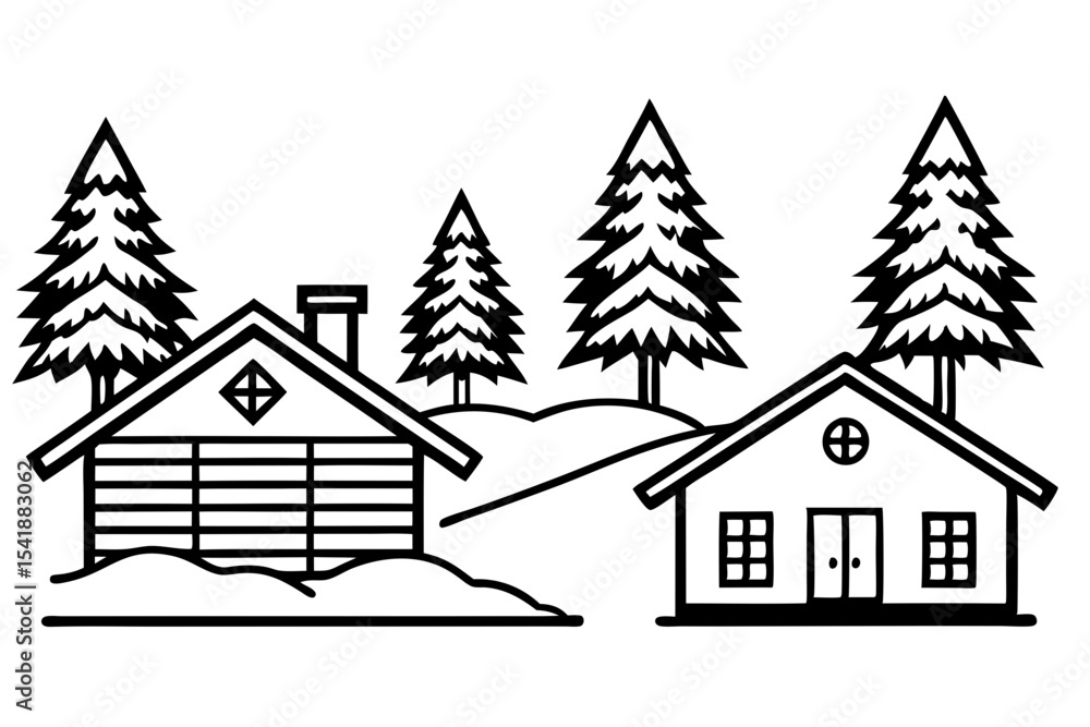 Obraz premium Peaceful Snowy Cottage Line Art