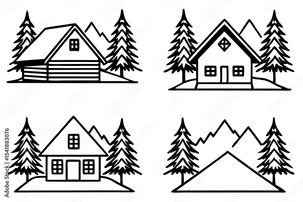 Obraz premium Peaceful Snowy Cottage Line Art