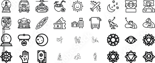 Travel Vacation Icons Set Black Line Art Symbols Collection