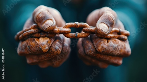 Wallpaper Mural A powerful image showcasing coarse hands gripping a rusty chain tightly, symbolizing themes of bondage, struggle, and the fight for freedom in a stark, evocative setting. Torontodigital.ca
