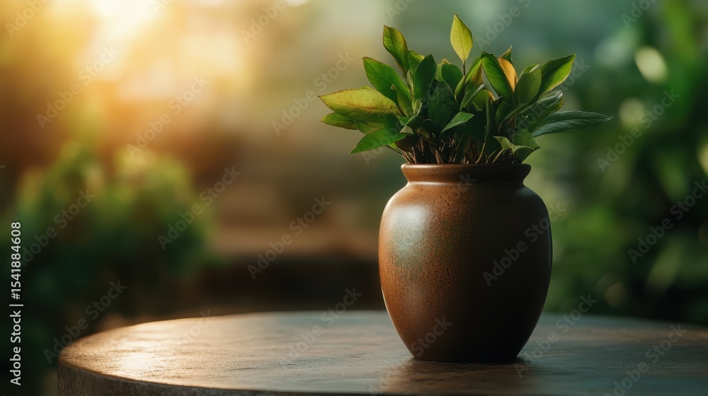 Fototapeta premium A healthy plant in a rustic terracotta pot symbolizes growth and tranquility, beautifully reflecting the harmony of nature in a calming, sunlit environment.
