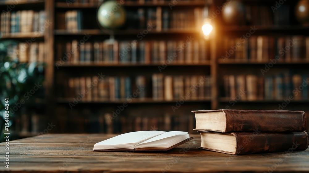 Fototapeta premium An open book rests on a rustic wooden table in front of a vast bookshelf full of leather-bound volumes, evoking feelings of knowledge, exploration, and reflection.