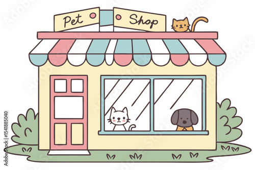 Cute pastel pet shop storefront with cat and dog in window cartoon vector