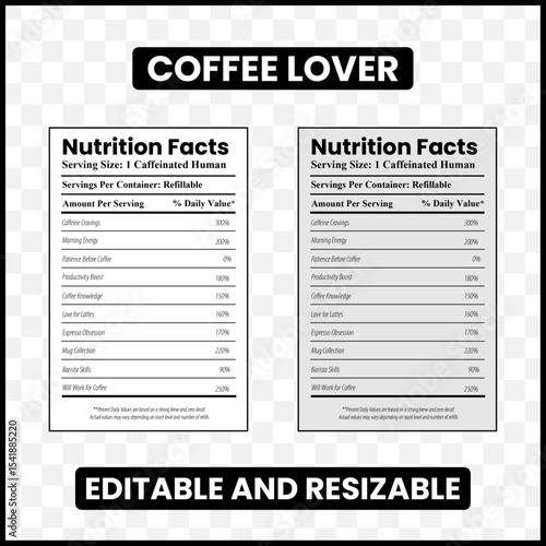 coffee lover nutrition facts
coffee nutrition label
funny coffee facts
caffeine lover label
coffee enthusiast design

coffee facts infographic
barista nutrition facts
caffeine nutrition label

