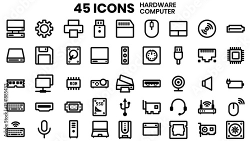 Collection of Forty-Five Computer Hardware Icons Representing Various Components