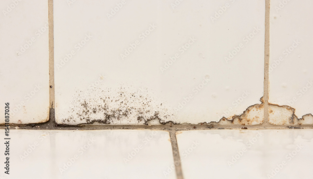 Mold growth on bathroom tile grout near wall surface Mold growth on bathroom tile grout near wall surface