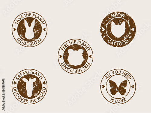 Stamp Mark Collection. Round Label for Pet or Eco Shop. Environment Planet and Animal Care Theme. Black Stamp Tag Label Logo Print Silhouette Icon Element for Design Business Stamp Mark Symbol