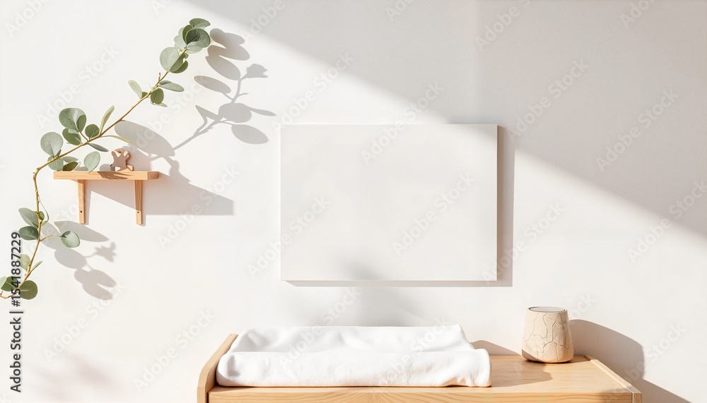 Obraz premium Minimalist nursery changing table with wall decor and greenery 