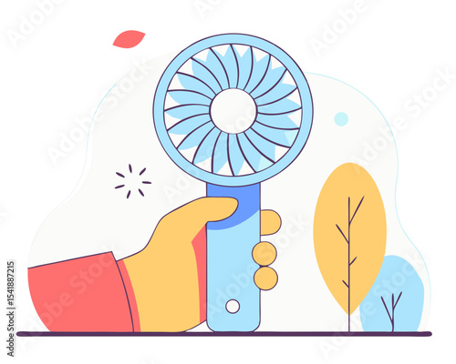 Hand Holding Portable Fan - Flat Design Vector Illustration (Personal Cooling Device) - Isolated on White Background