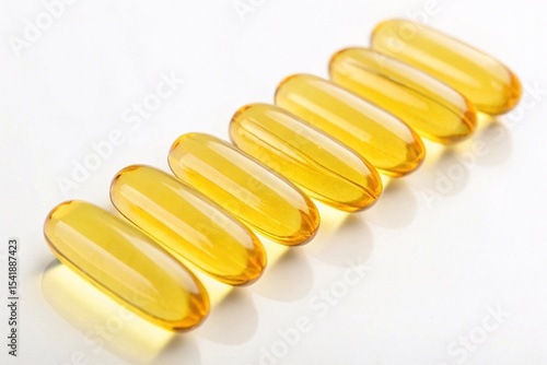 Golden omega-3 fish oil capsules on white
Close-up of glossy golden softgel omega-3 capsules arranged on a white background, symbolizing health, supplements, and nutrition support.
