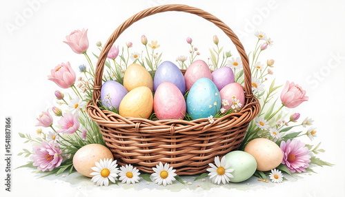 Easter basket filled with colorful eggs and spring flowers  