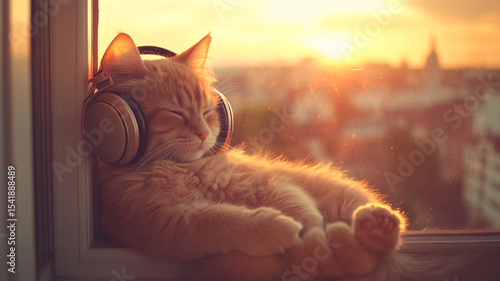 fluffy cat relaxing with headphones at sunset