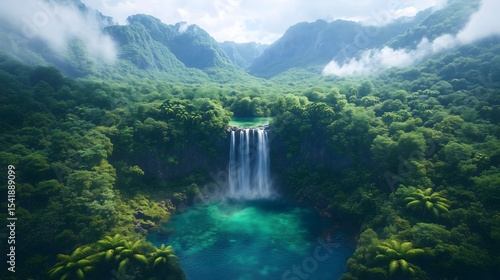 Cascading waterfall flows into a hidden emerald pool surrounded by lush greenery in a serene natural paradise