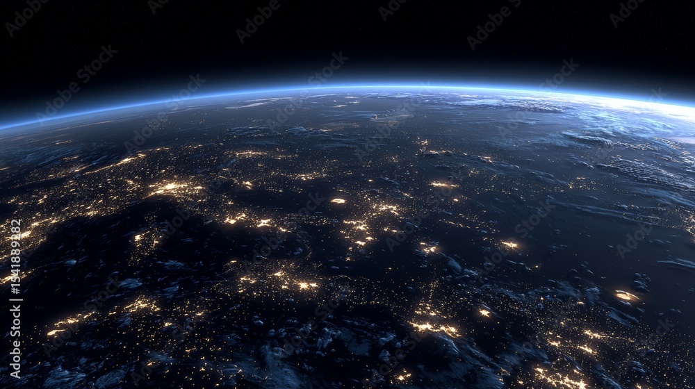 Fototapeta premium Planet Earth from outer space at night with glowing city lights, illuminated continents, dark ocean background, and cosmic atmosphere representing global connection and astronomical wonder