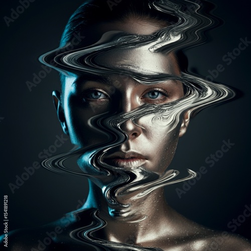 Surreal portrait of a woman with flowing metallic face in a dark artistic setting Generative AI