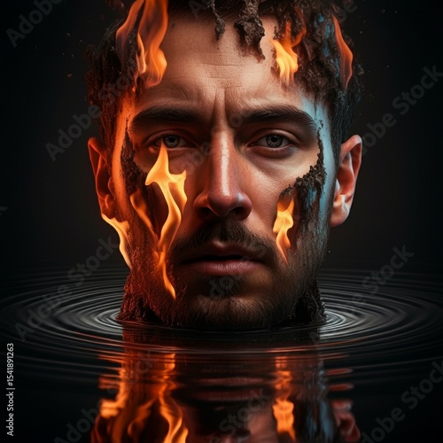 Fiery face rises from calm waters, merging earth and flame in a surreal generative art piece