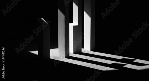 Abstract monochrome architectural forms cast dramatic shadows in a dark space.
