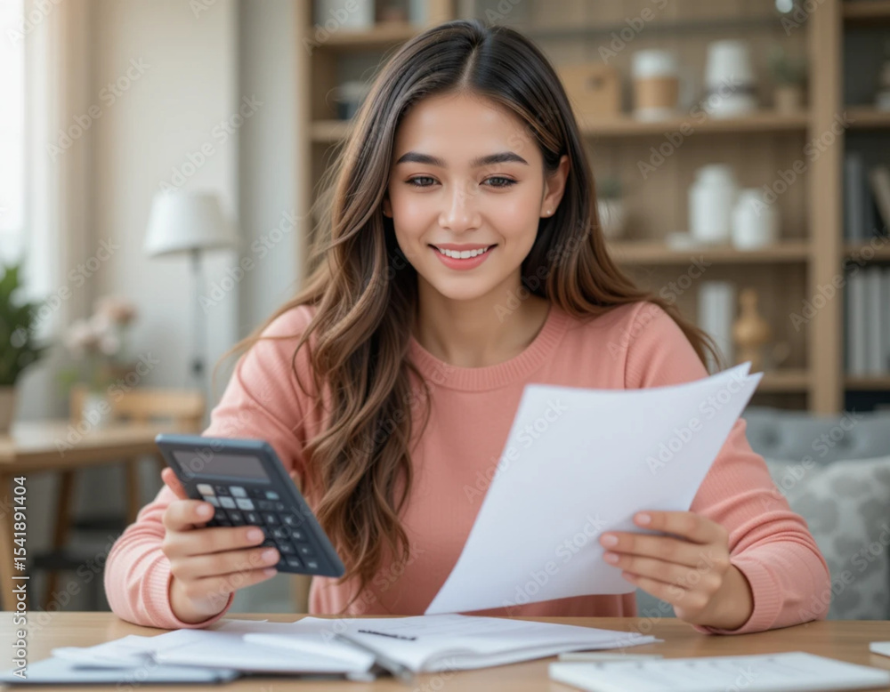 A smiling young woman, a student, sits in a college library, reading a book and holding a tablet computer A smiling young woman, a student, sits in a college library, reading a book and holding a tablet computer