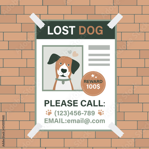 Missing dog poster with cartoon pet. Concept of lost domestic animal. Paper ad on the wall about the missing dog. Pet search