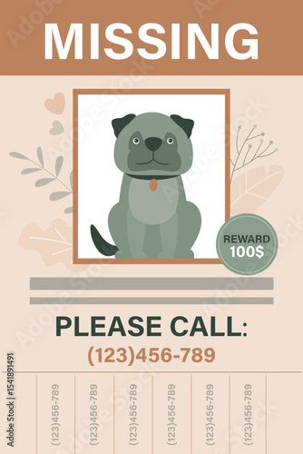 Missing dog poster with a cartoon pet. Concept of lost domestic animal. Paper ad on the wall about the missing dog. Vertical poster or banner template