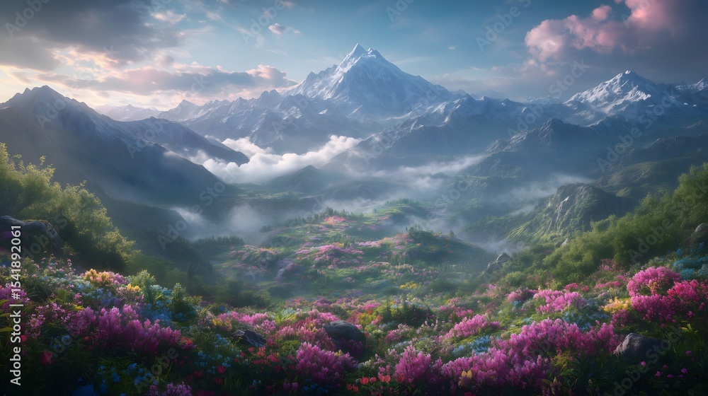 Obraz premium Rare alpine meadow in bloom reveals vibrant colors under a stunning mountain backdrop during the golden hour